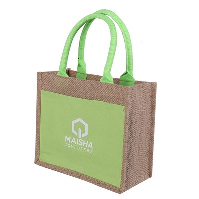 Burlap Jute Tote Bag W/Cotton Canvas Front Pocket