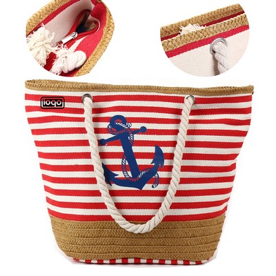 Striped Canvas Straw Woven Tote Bag