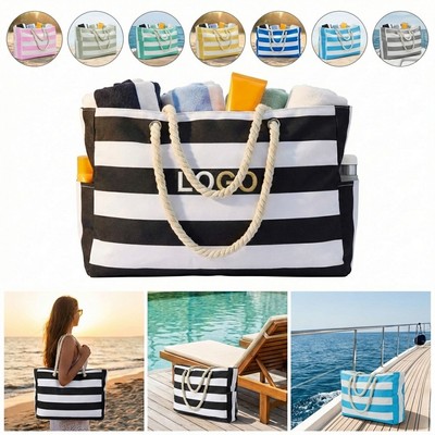 Striped Canvas Waterproof Travel Tote Bag